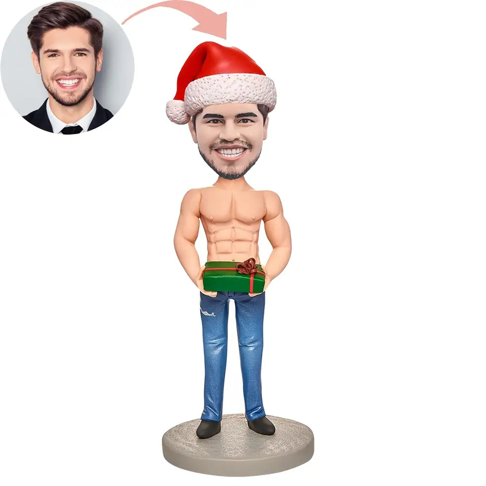 Christmas Gift Custom Muscle Man Holding A Gift Bobblehead