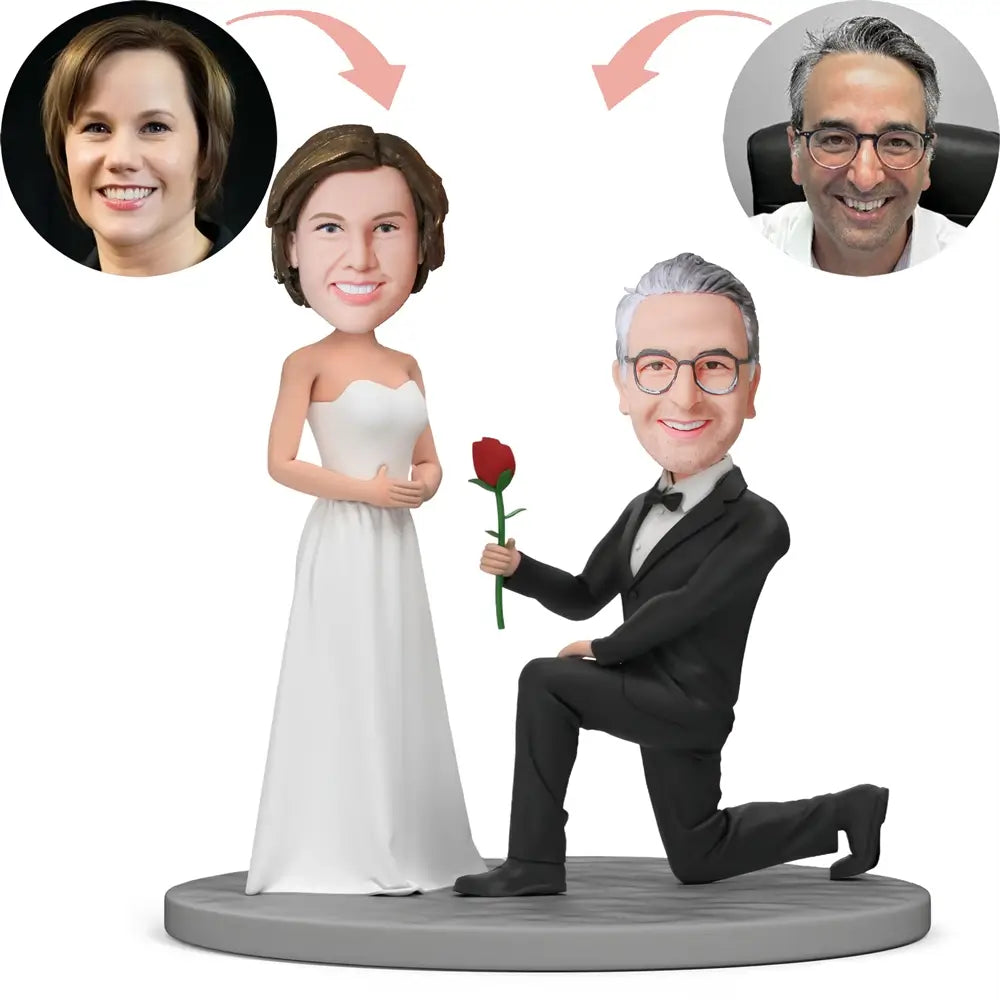 Custom Groom Proposes Holding A Rose Bobblehead