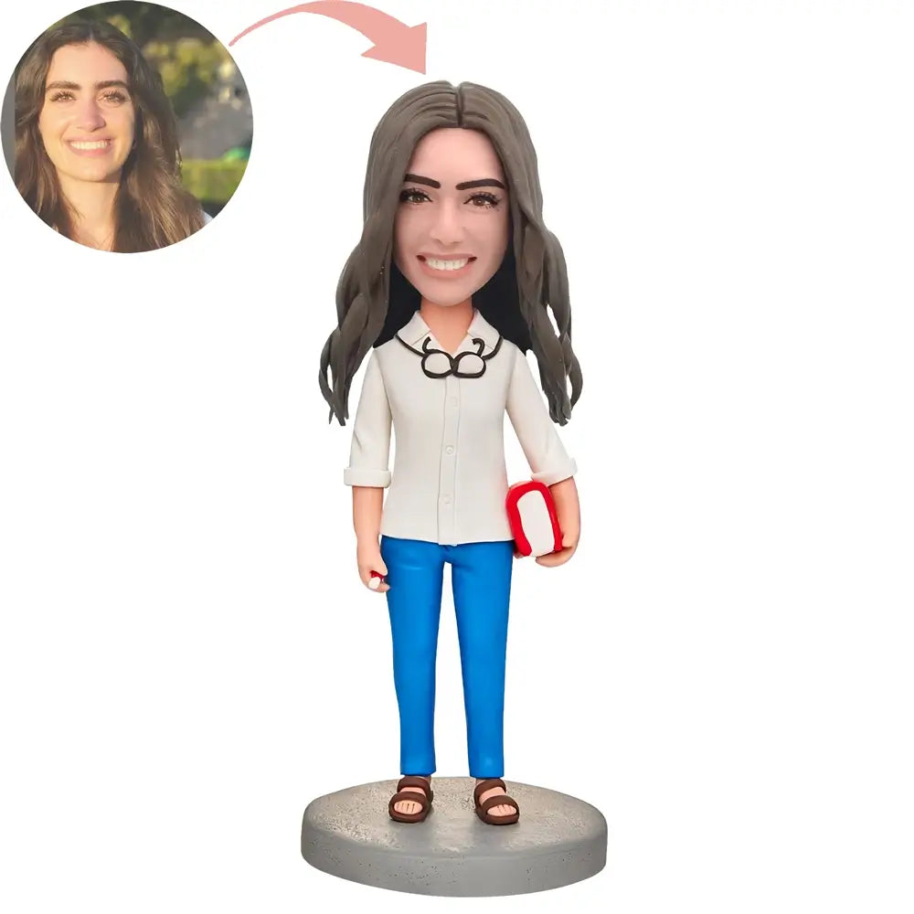 Custom Female Teacher Holding A Book Bobblehead