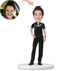 Custom Female Doctor in Black Scrubs Bobblehead