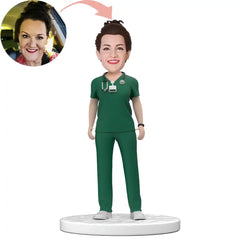 Custom Female Doctor in Green Scrubs Bobblehead