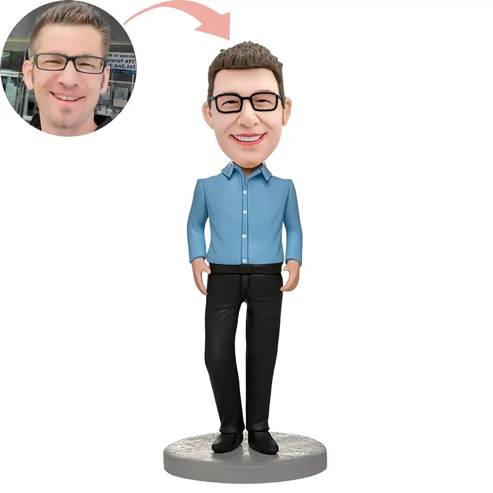 Custom Male Business Elite In Blue Shirt Bobblehead