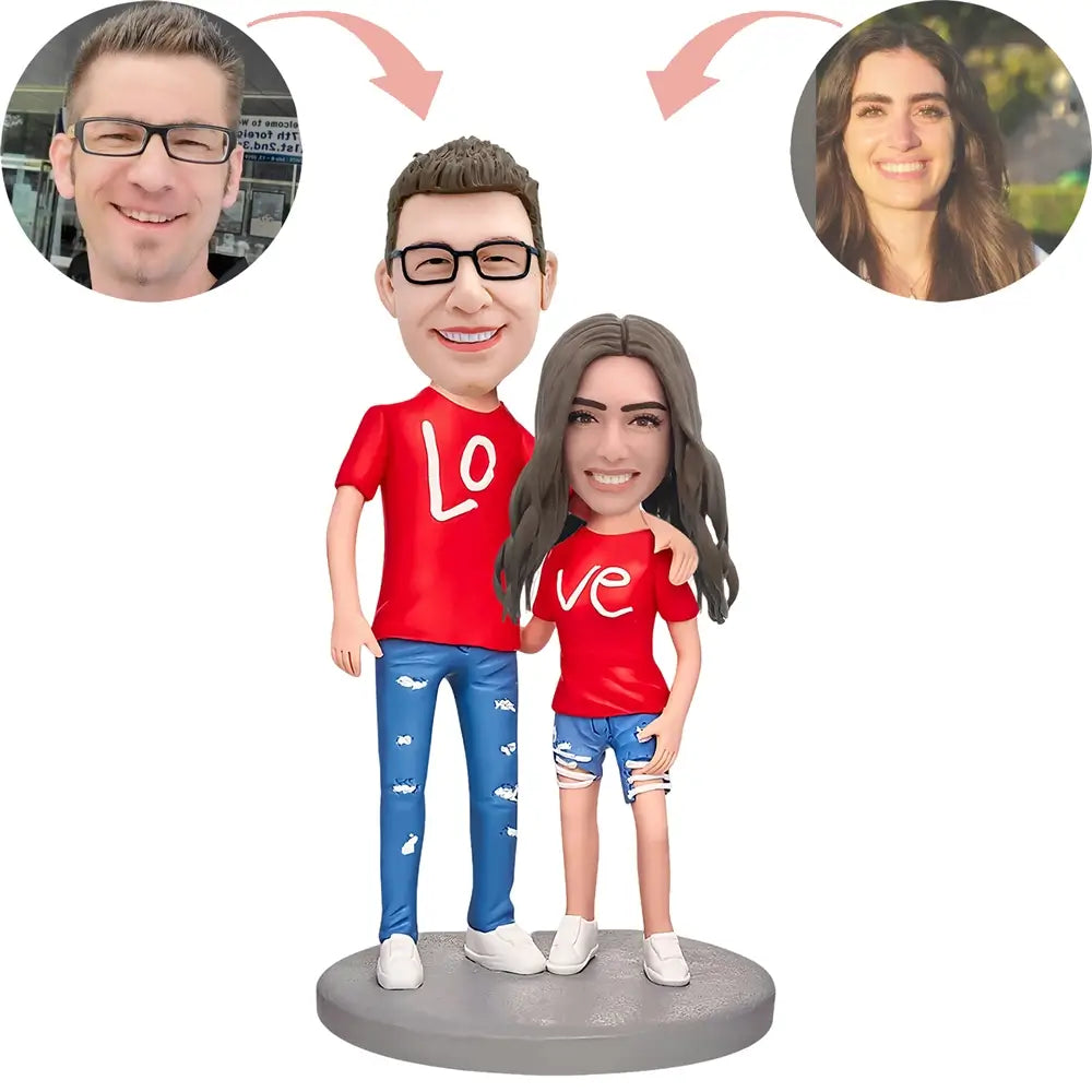 Custom Love Couple Wearing Couple Shirts Bobblehead