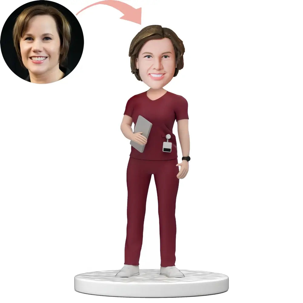 Custom Female Doctor In Red Scrubs Bobblehead