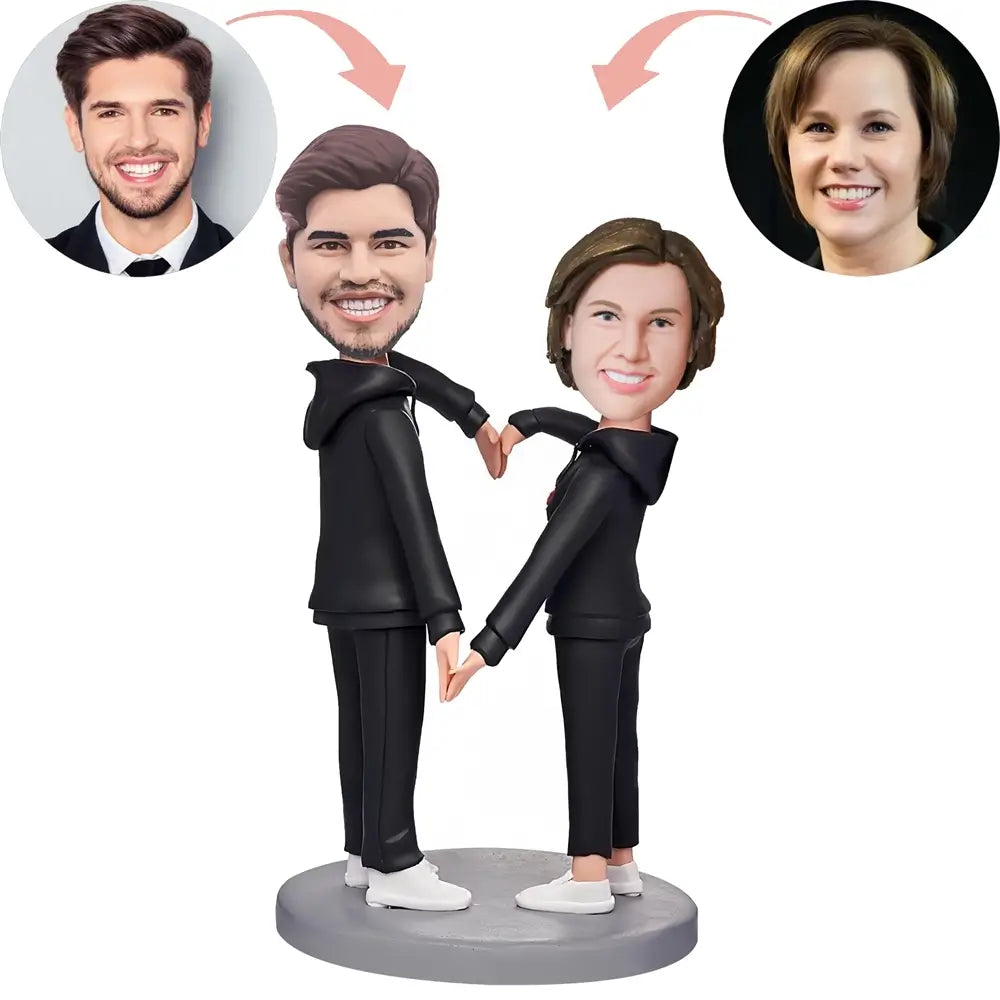 Custom Black Suit Couple Hands In Heart Pose Bobblehead