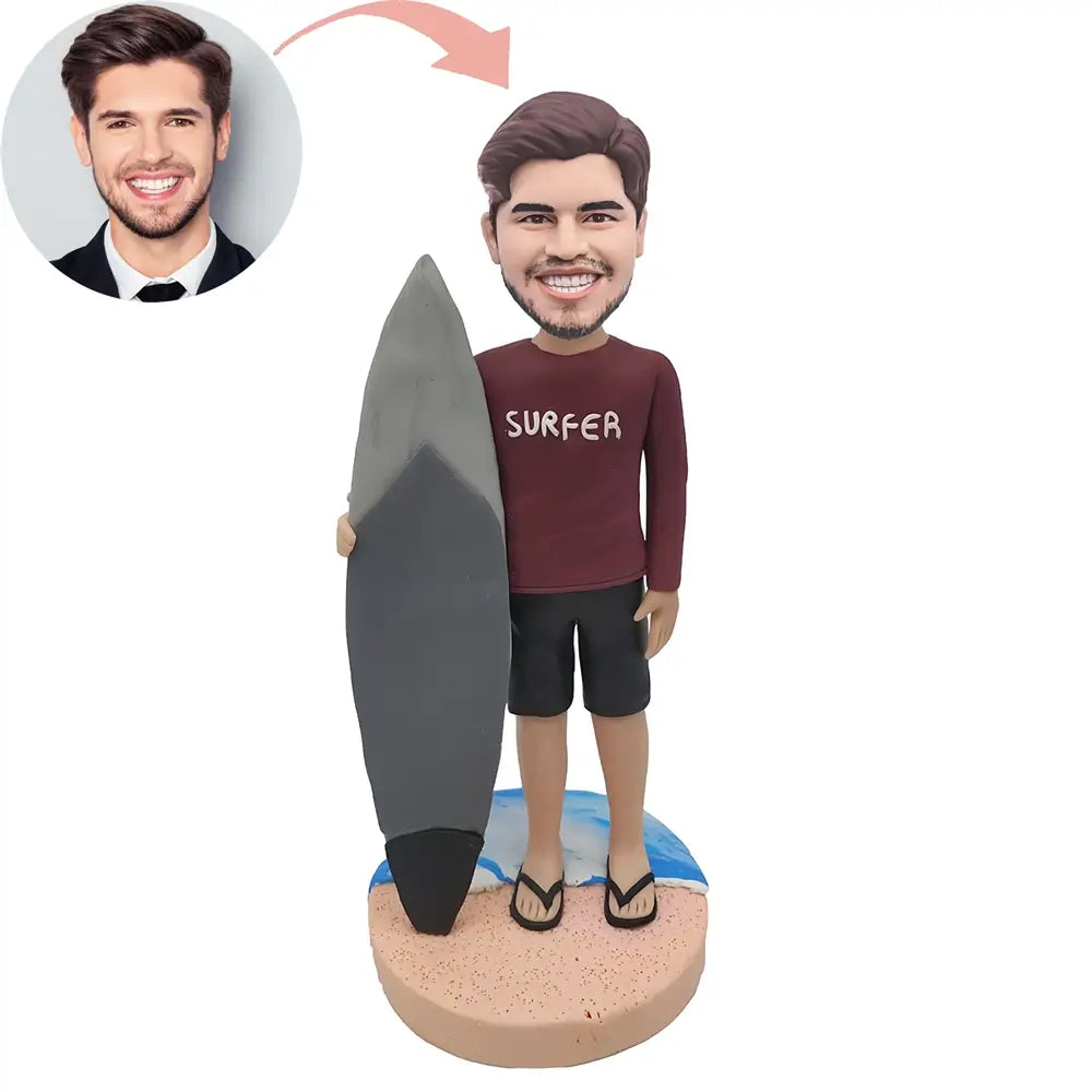 Custom Surfer With Gray Surfboard Bobblehead