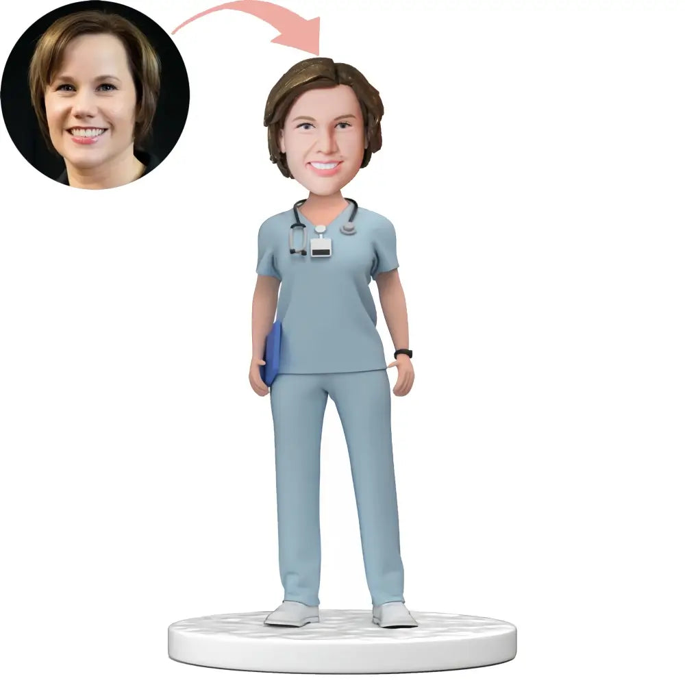 Custom Female Doctor In Light Blue Scrubs Bobblehead