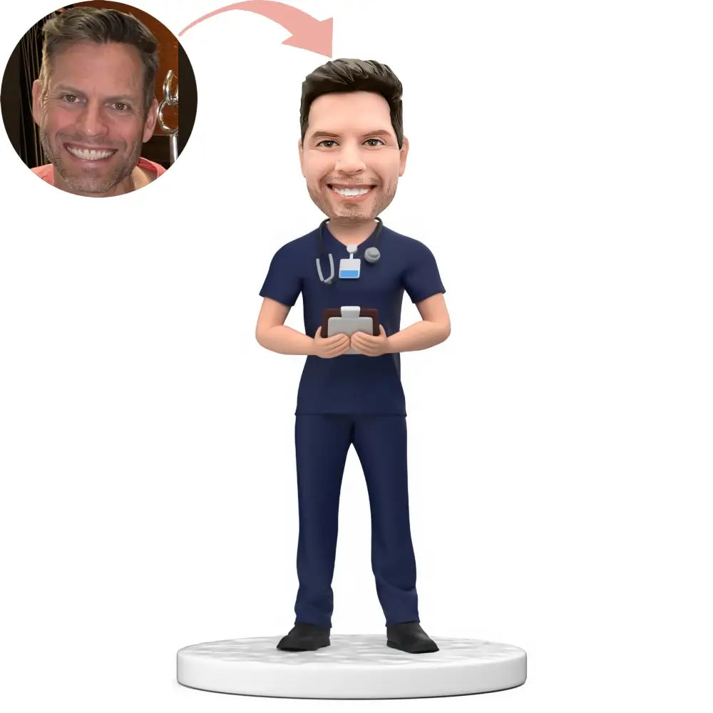 Custom Male Doctor in Dark Blue Scrubs Bobblehead