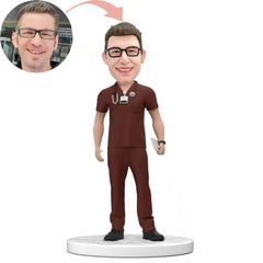 Custom Doctor Bobblehead In Red Scrubs Bobblehead