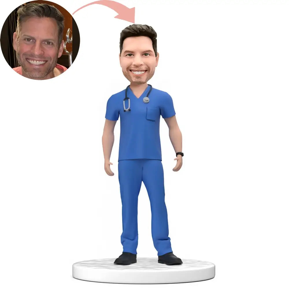 Custom Male Doctor Student In Blue Scrubs  Bobblehead