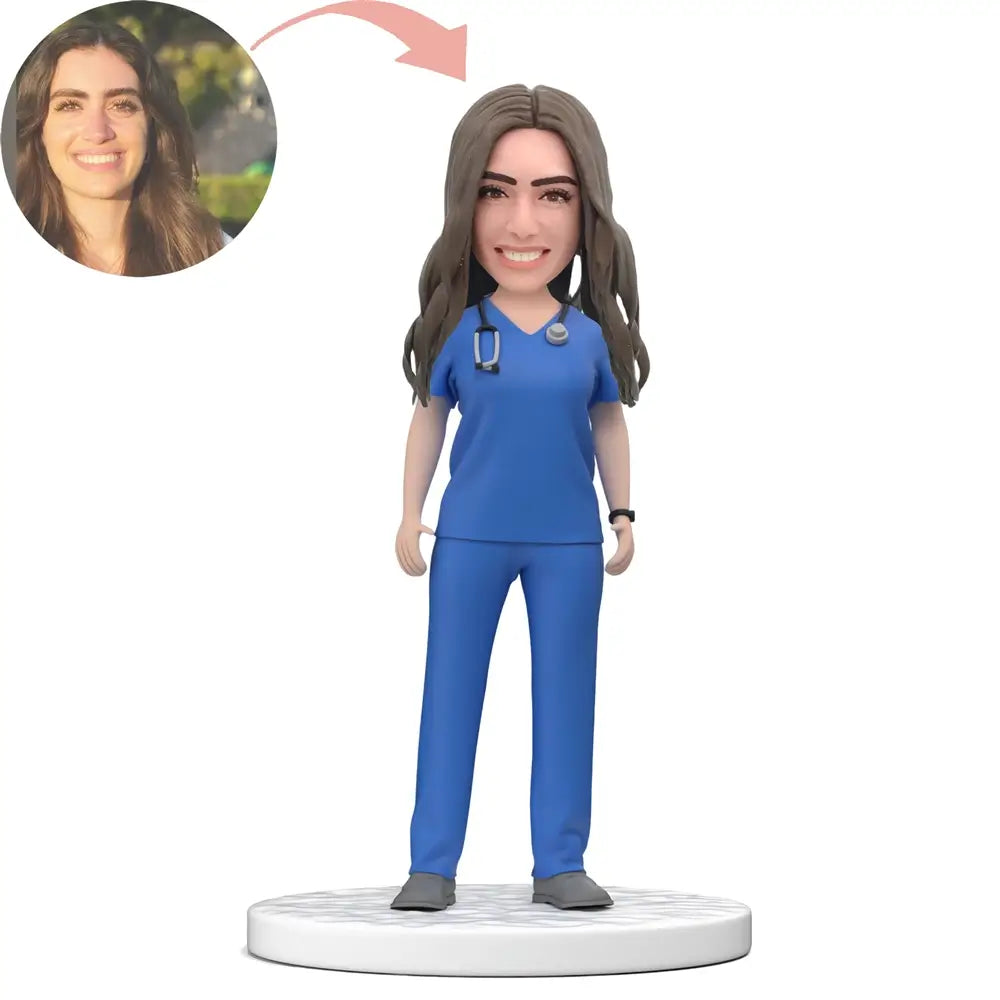 Custom Female Doctor in Blue Scrubs Bobblehead