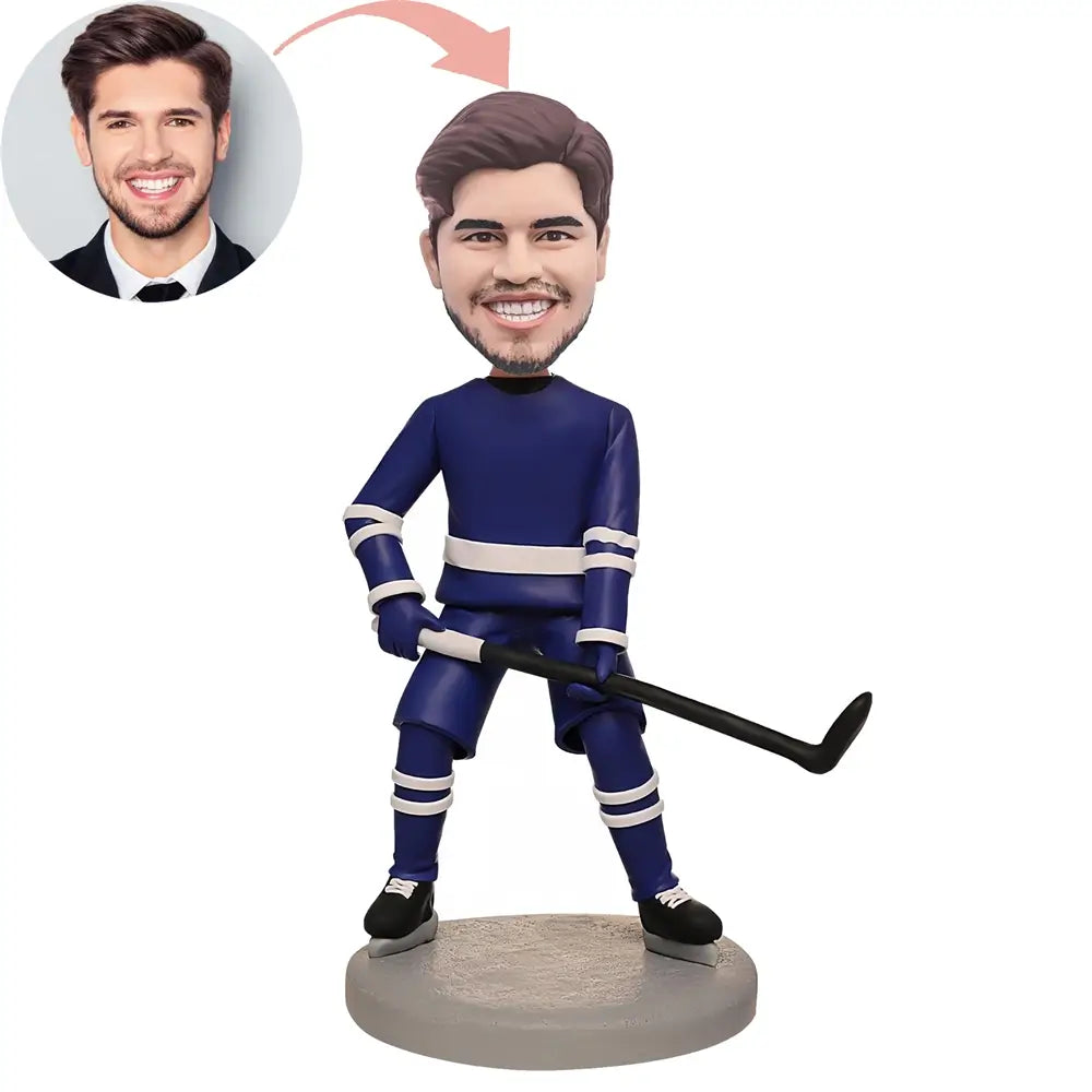 Custom Hockey Player In Blue And Purple Bobblehead