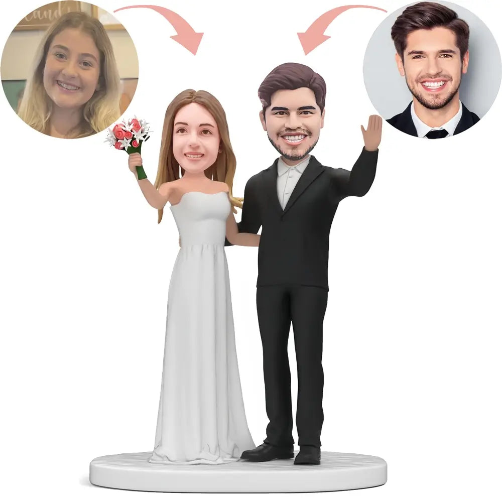 Custom Bride&Groom Waving hands With Flowers Bobblehead