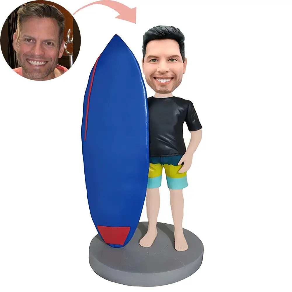 Custom Surfer With Blue Surfboard Bobblehead