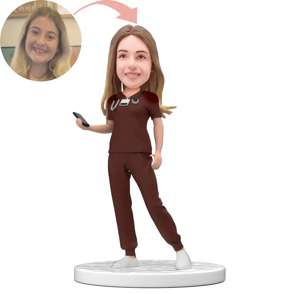 Custom Female Doctor In Brown Scrubs Bobblehead