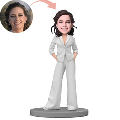 Custom Beautiful Woman Wearing Fashionable White Suit Bobblehead