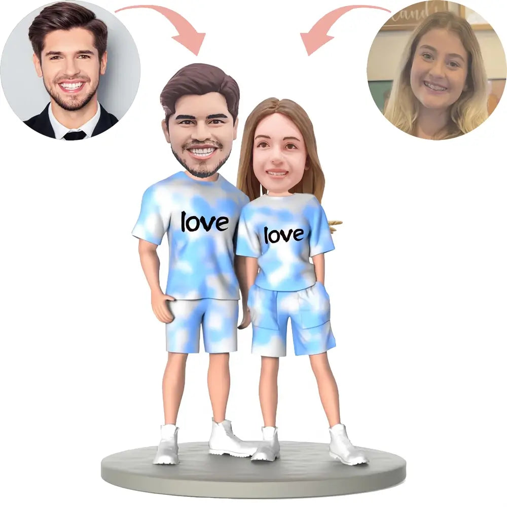 Custom Blue And White Gradient Couple Outfit Bobblehead