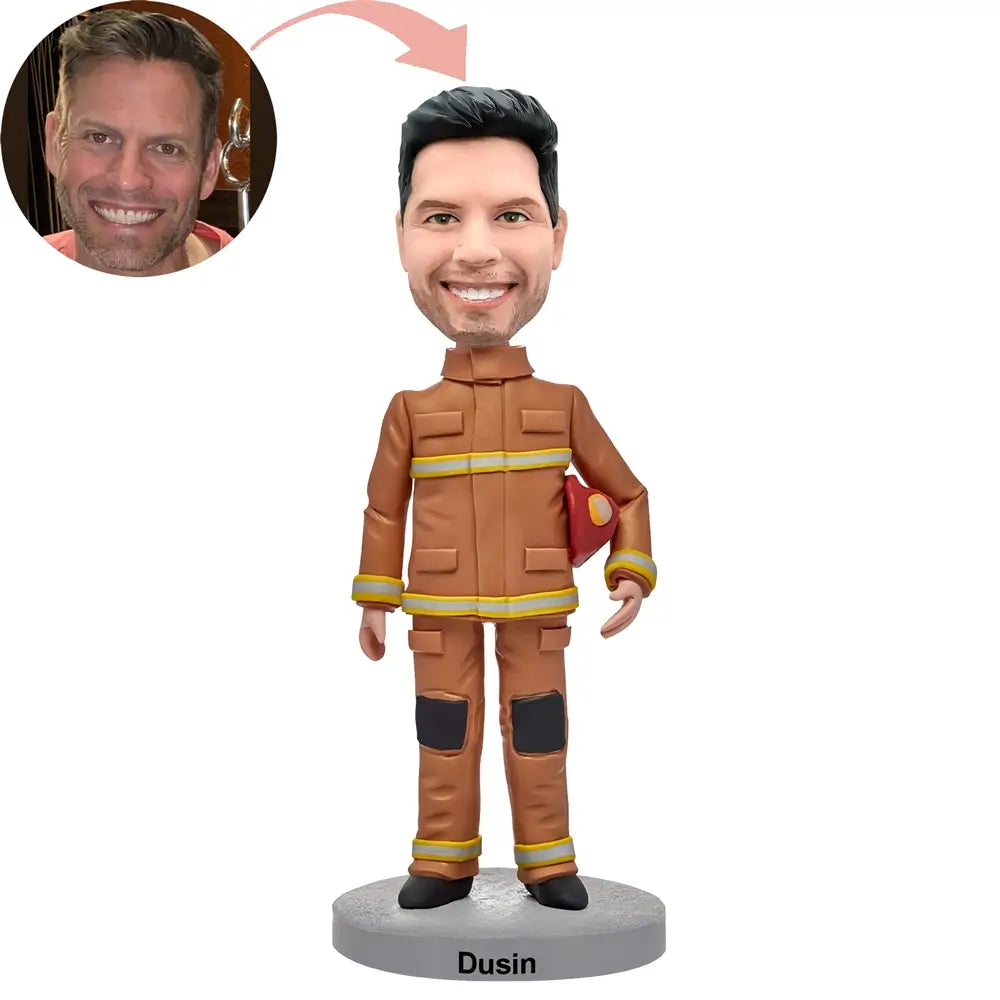 Custom Firefighter In Orange Uniform Bobblehead