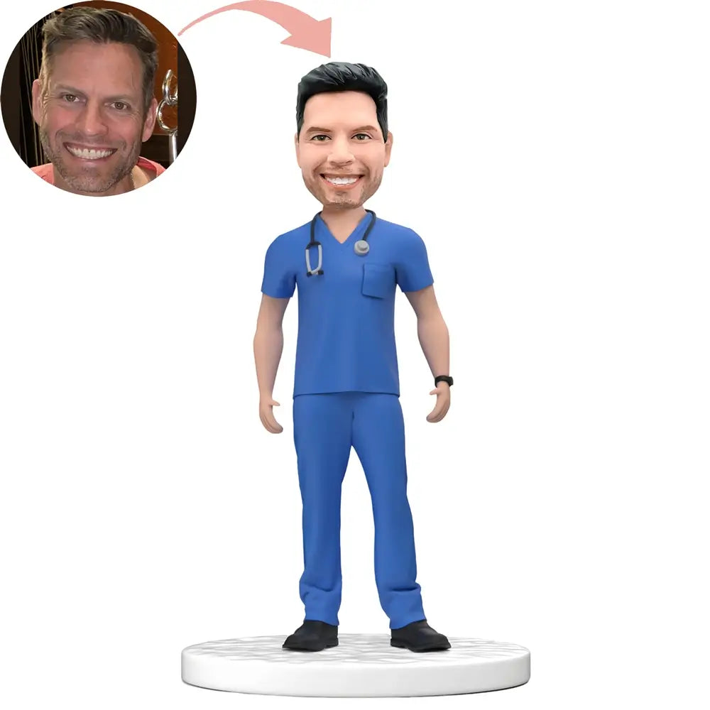 Custom Male Doctor in Blue Scrubs Bobblehead