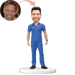 Custom Male Doctor in Blue Scrubs Bobblehead