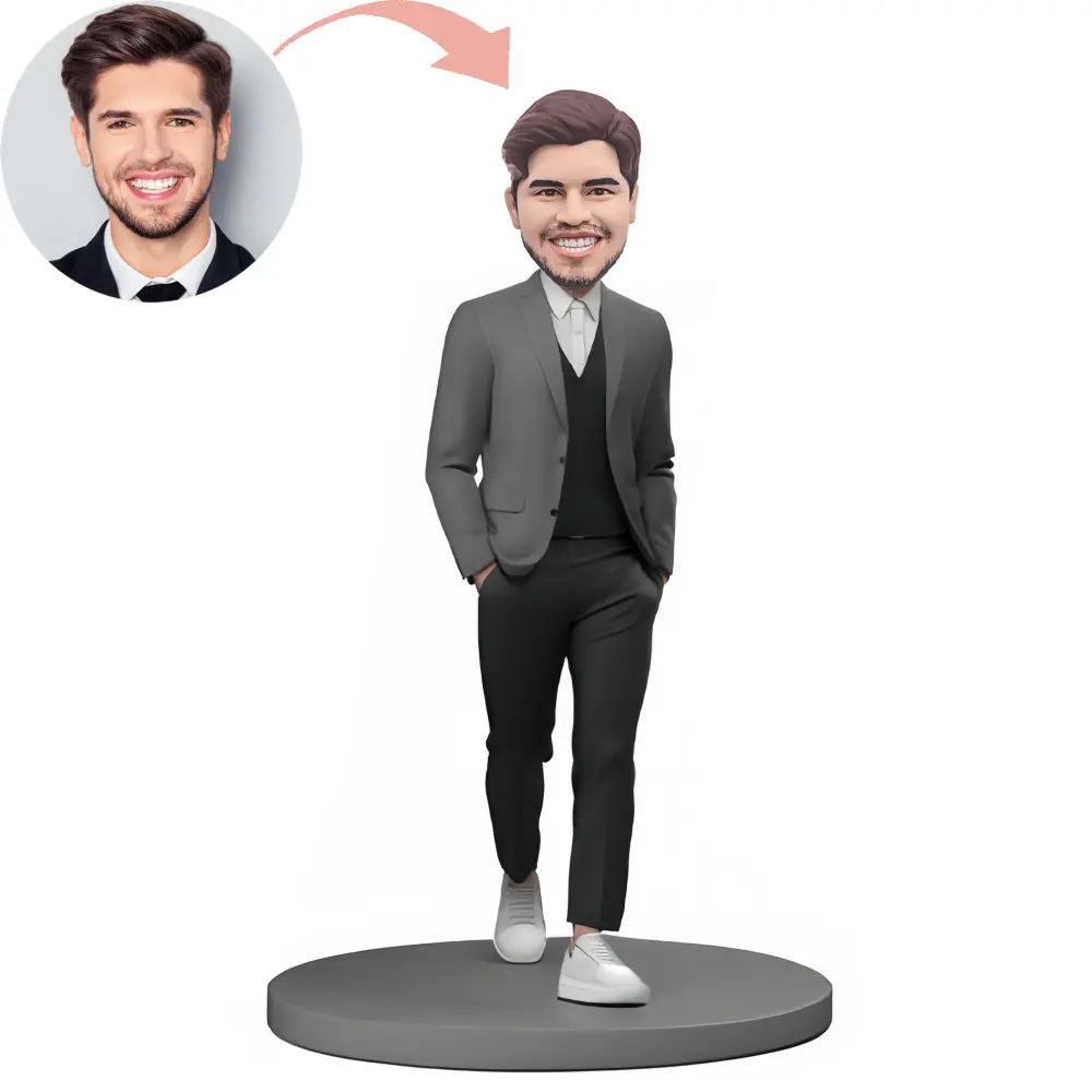 Custom Bobblehead Stylish Man In Gray Casual Suit