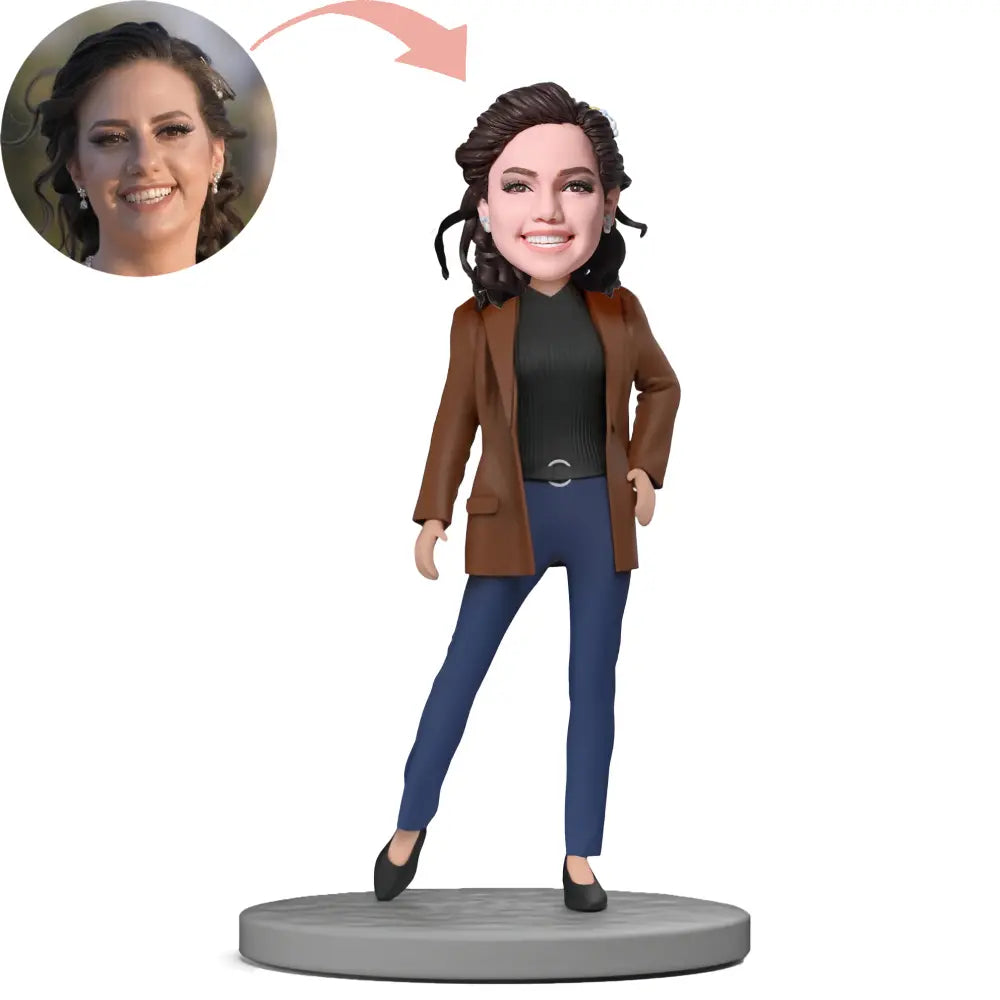 Custom Fashion Lady In Brown Coat And Black Bobblehead