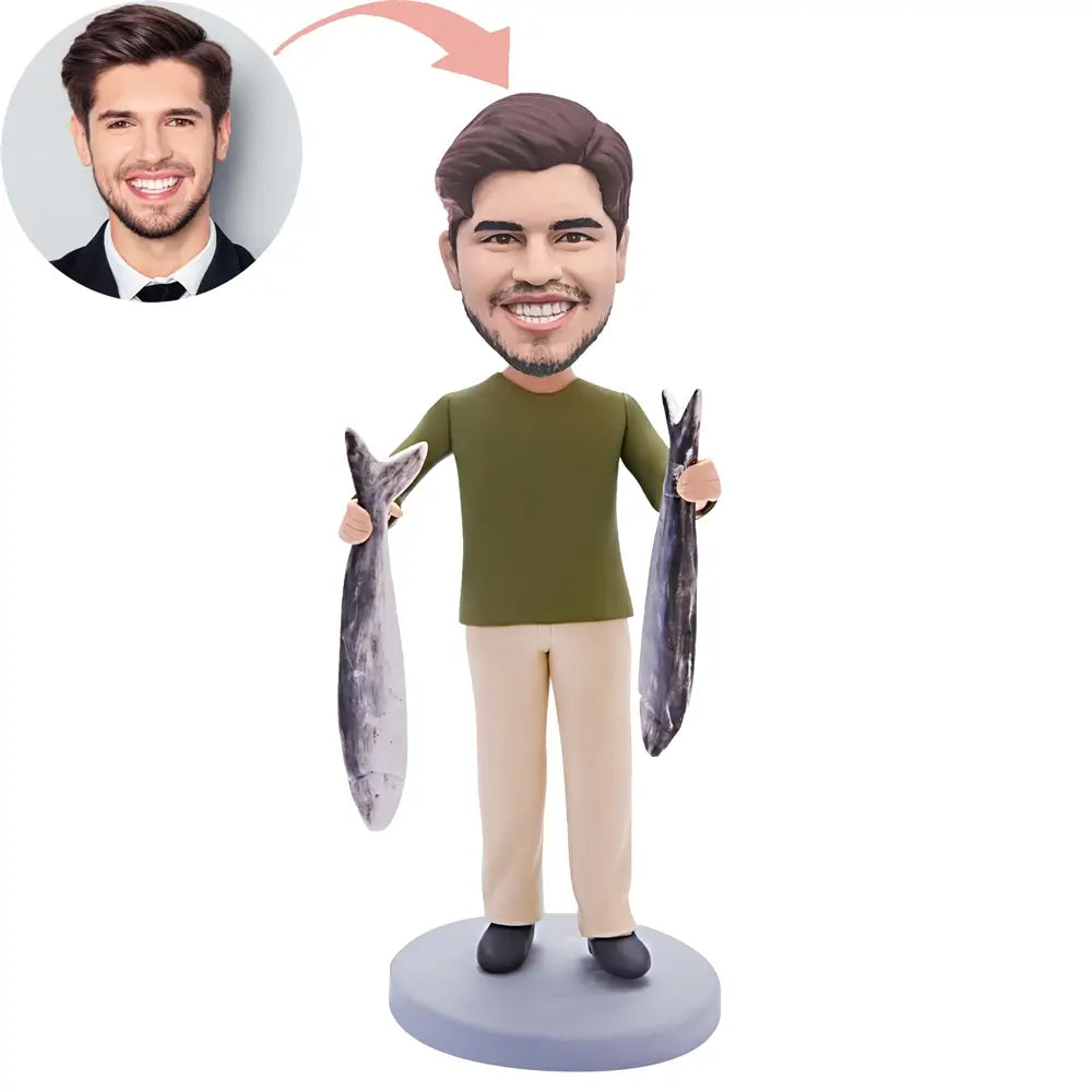 Custom Fishing Lover With Two Fish In Hand Bobblehead