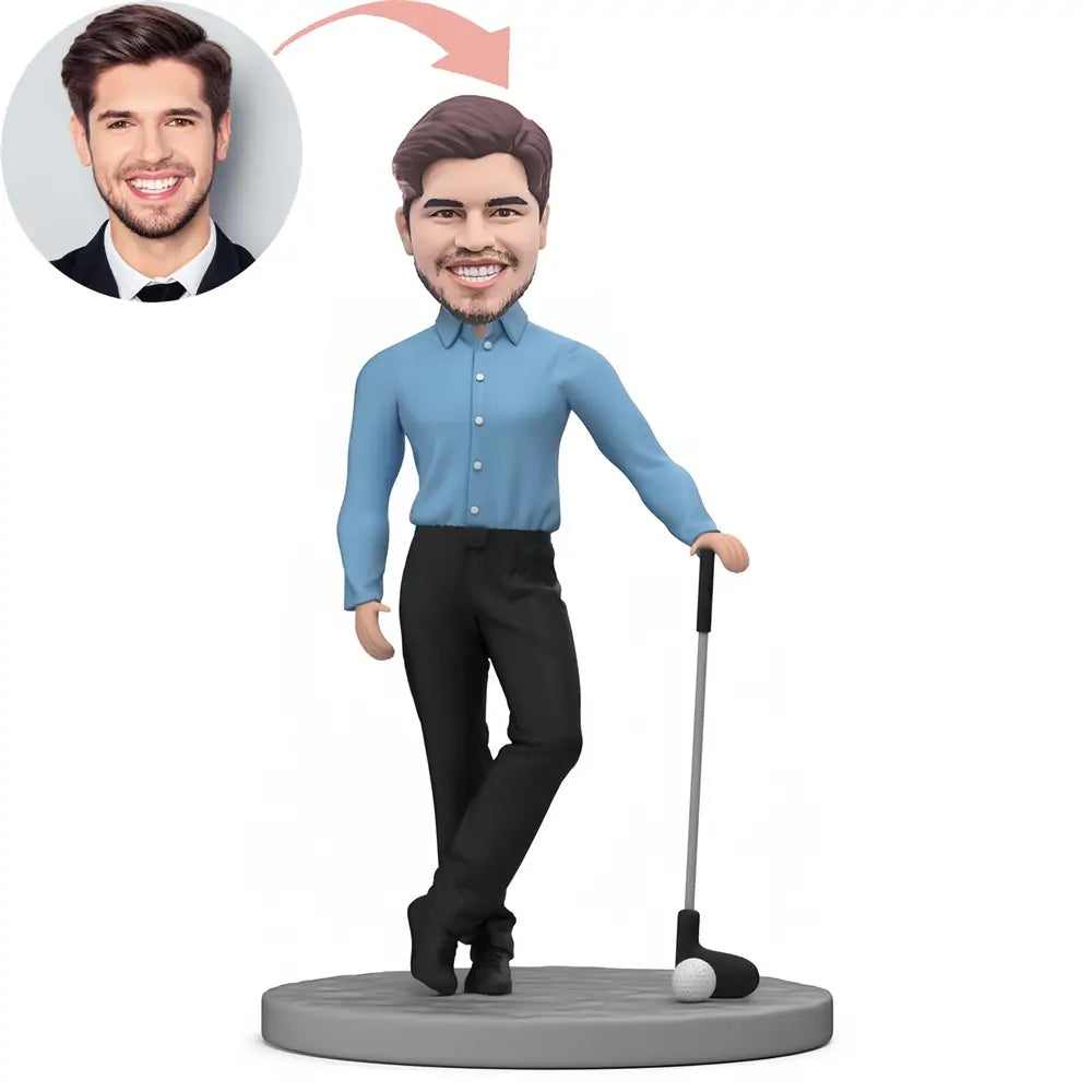 Custom Golfer In Blue Shirt Bobblehead