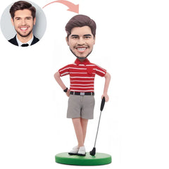 Custom Golfer In White Striped T-shirt Bobblehead