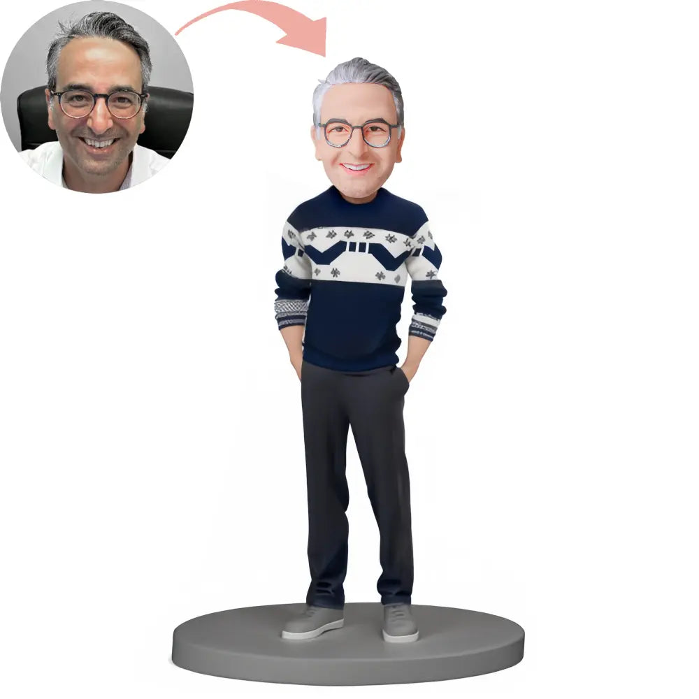 Custom Handsome Man Wearing Blue Sweater Bobblehead