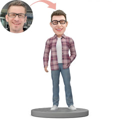 Custom Male Student Wear Purple Plaid Shirt Bobblehead