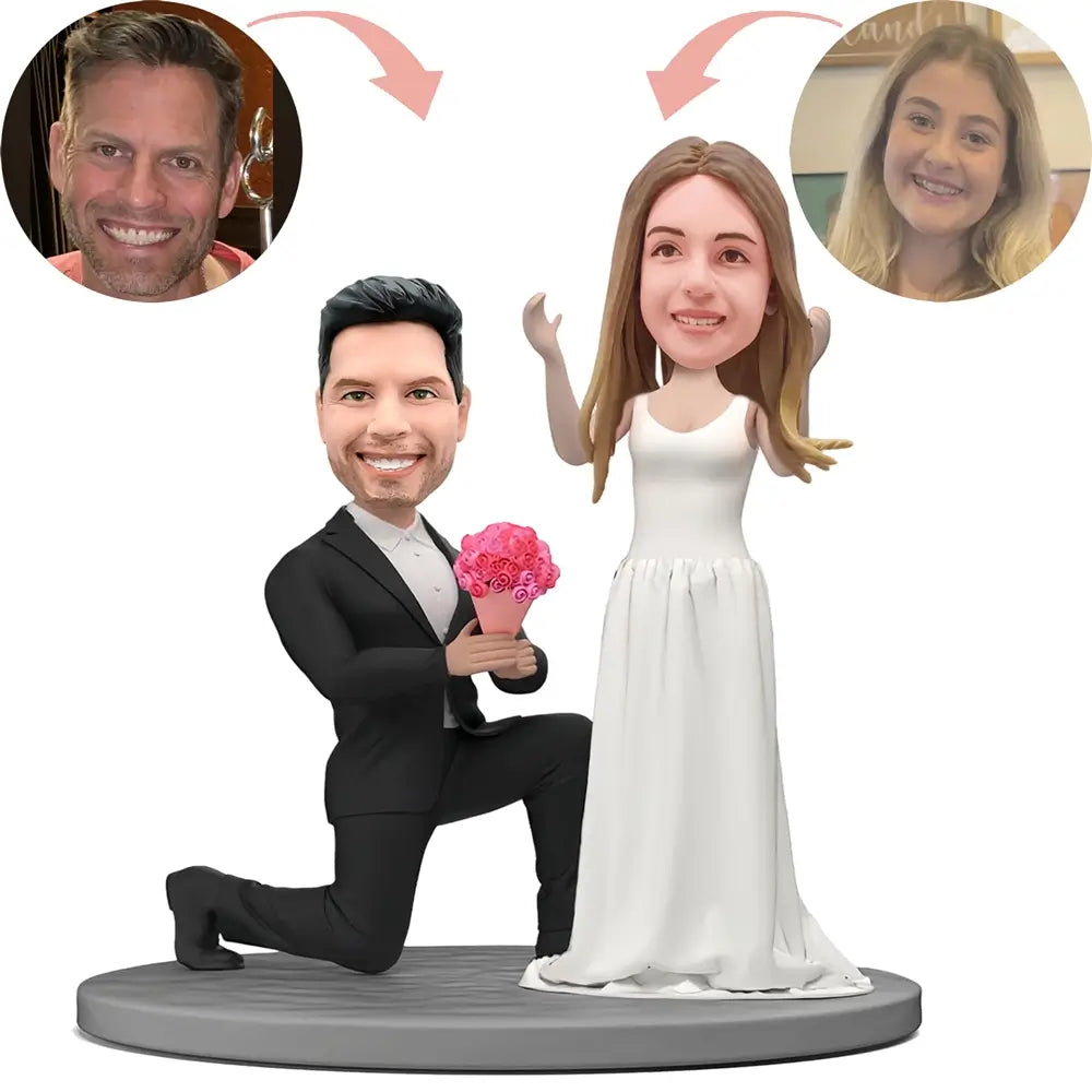 Custom Proposing Couple Holding Flowers Bobblehead