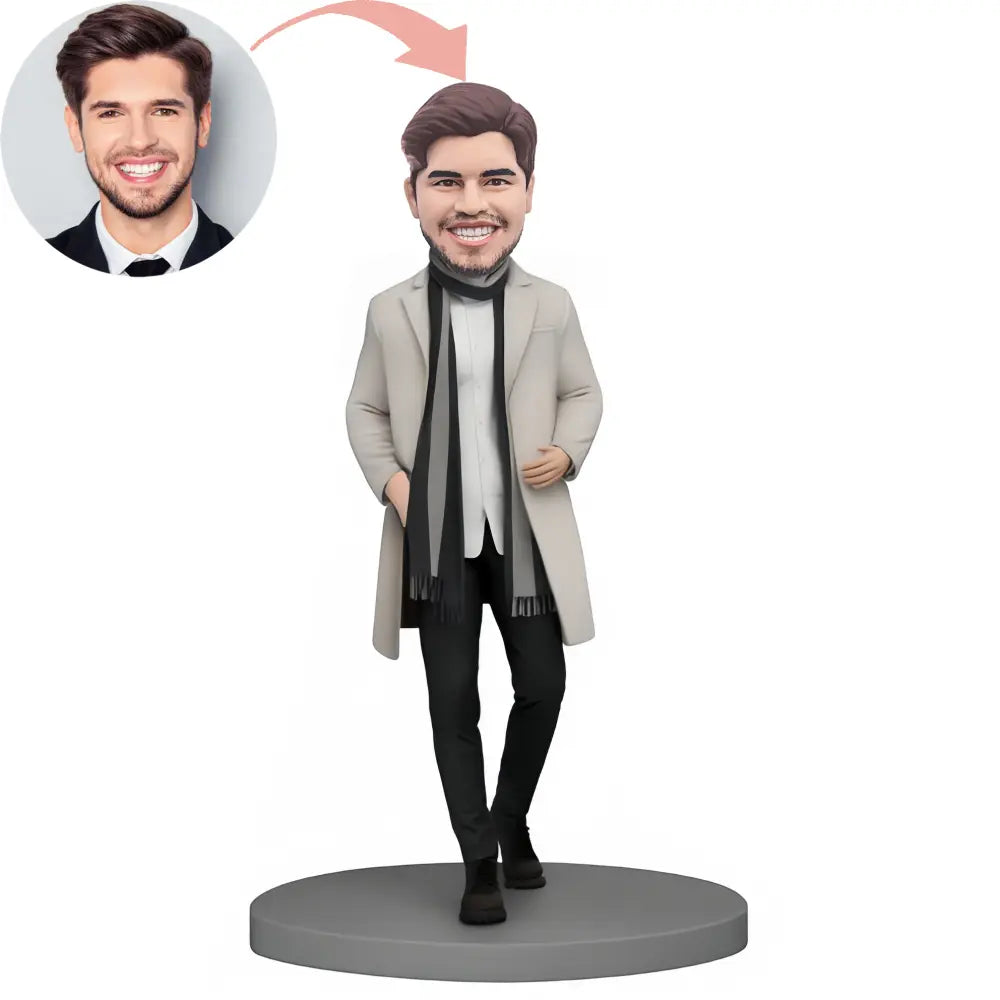 Custom Stylish Man In White Coat And Scarf Bobblehead