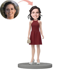 Custom Young Lady In Red Dress Gift Bobblehead